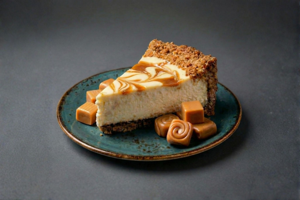 A slice of Cotton Blues Sea-salted Caramel Swirl cheesecake