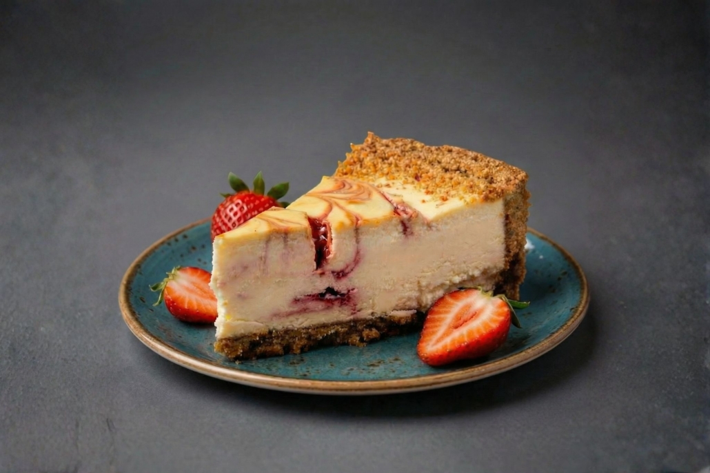 A slice of Cotton Blues strawberry swirl cheesecake